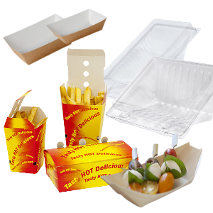 Variety of red and yellow snack boxes, brown and white trays and clear clams