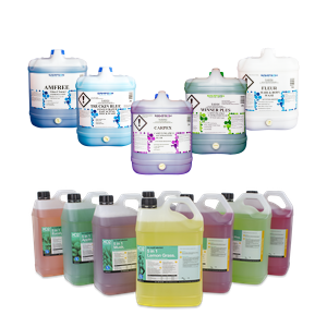 A collection of 5l bottles and 20lt drums of different chemicals